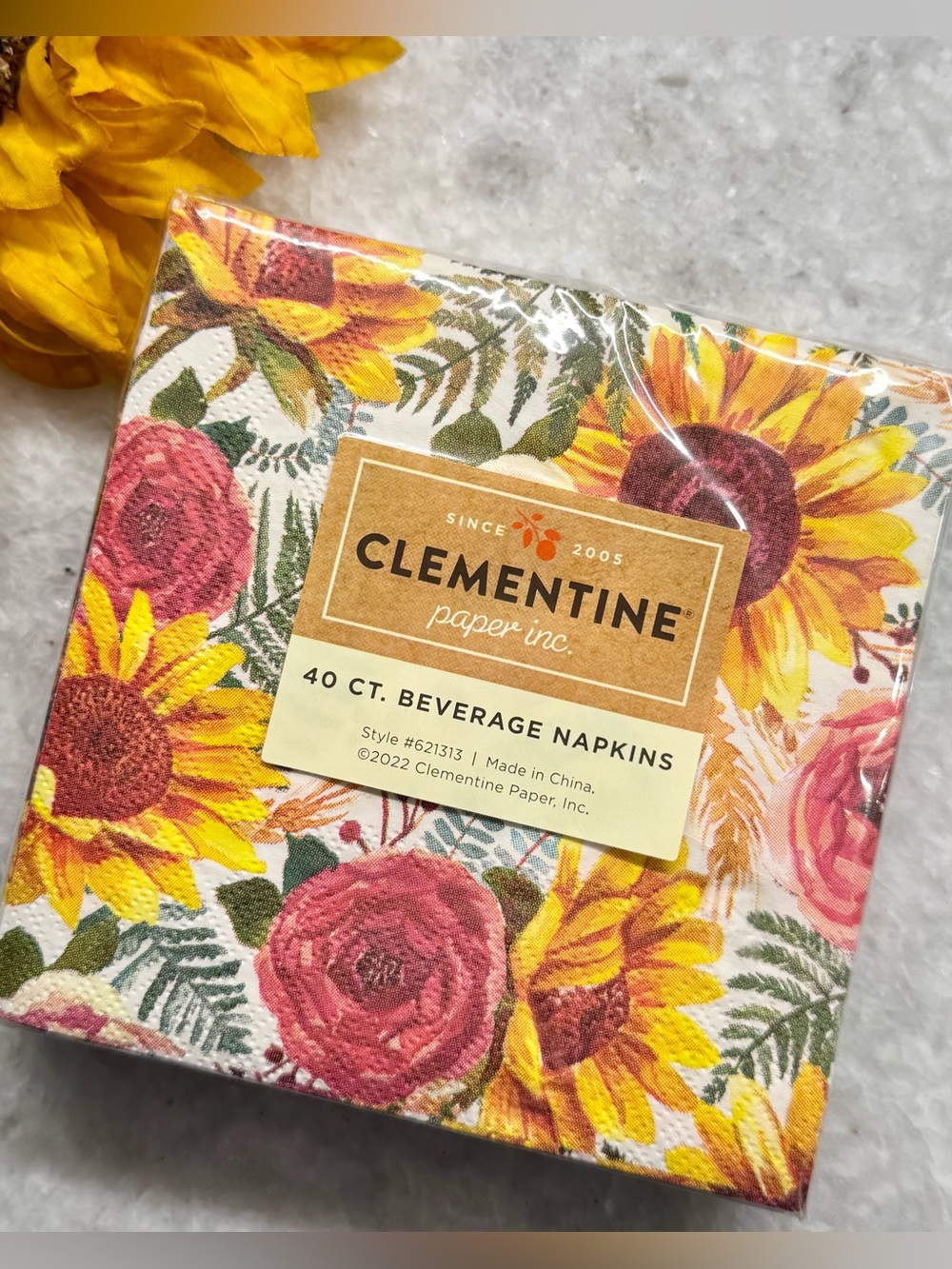 New Clementine Sunflower Ranunculus Fern Floral Beverage Paper Napkins 40ct